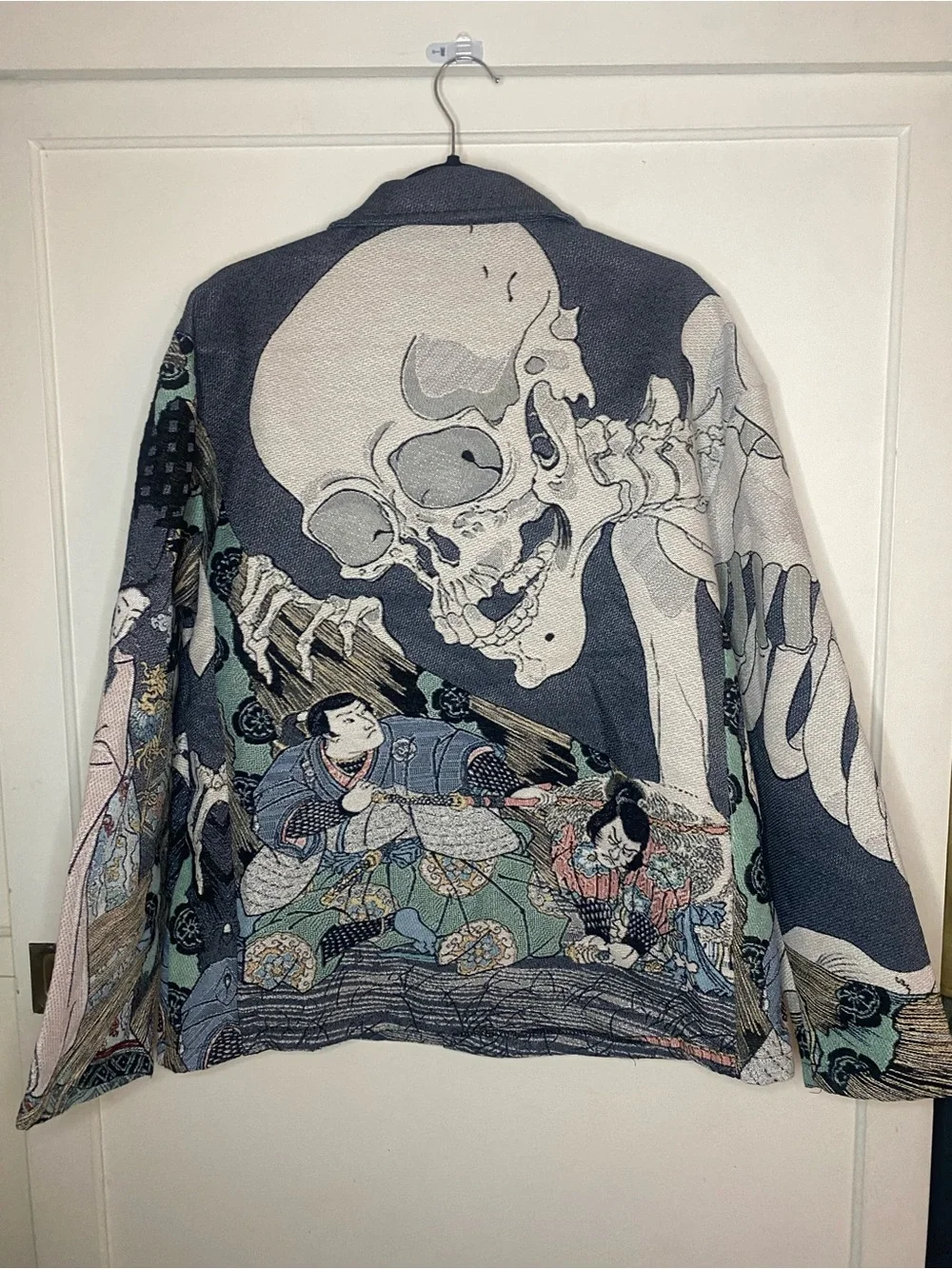 rebels Teal and Gray Skeleton Asian inspired Graphic Zip Jacket